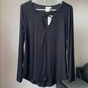Buckle Black Long Sleeve V-Neck Cutout Shirt